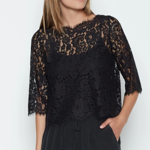 Joie Tops - Joie Elvia Lace Scalloped Cropped Blouse Top 3/4 Sleeve, Black, Medium